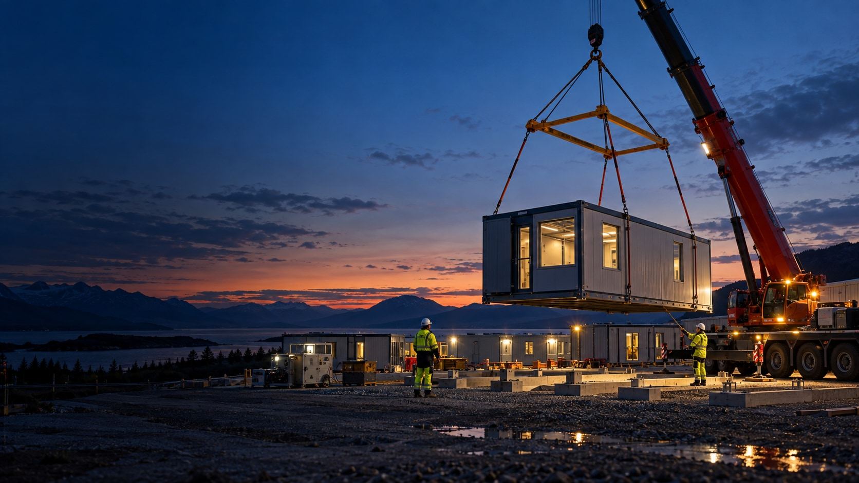 Concept image: a mobile crane lifting a modular unit onto foundations while site staff guide the load at dusk.