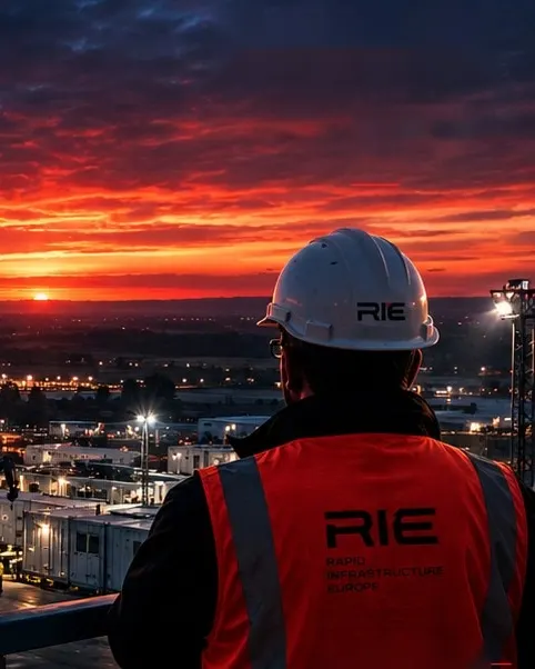 Concept image: modular accommodation units, a truck and technical equipment on an operational site at dusk, with staff in high-visibility clothing.