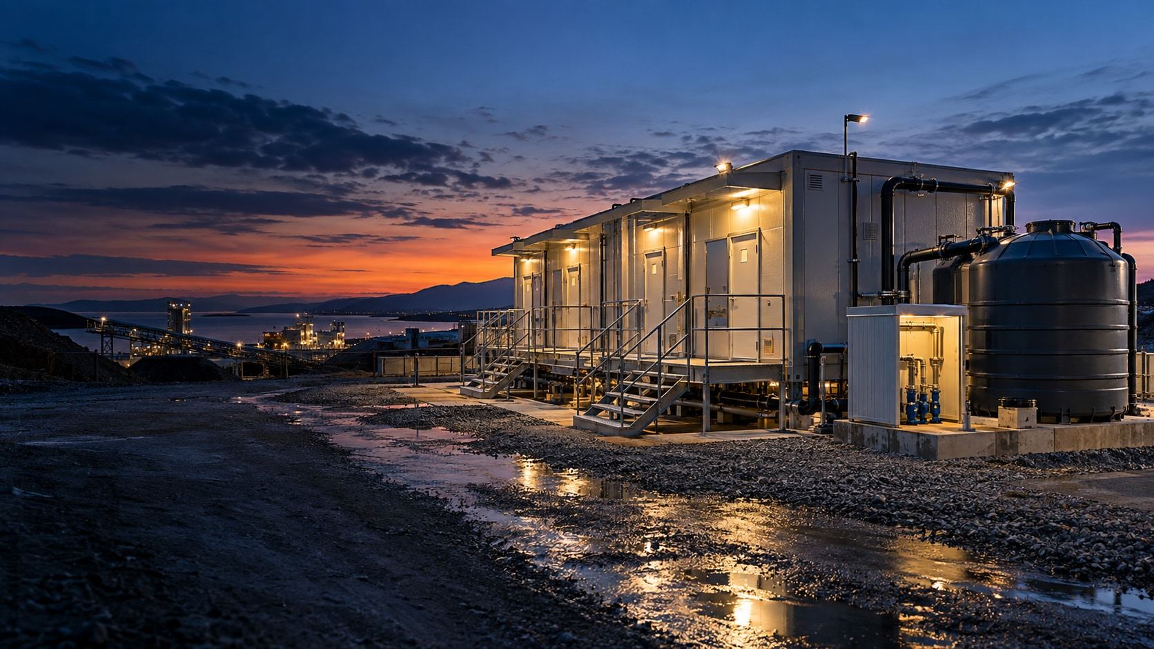 Concept image: sanitary container modules with water and wastewater connections on a site at dusk.