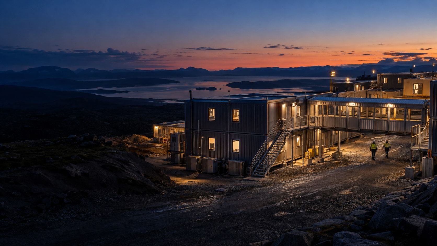 Concept image: two-storey modular accommodation units with external stairs and lit windows at dusk.
