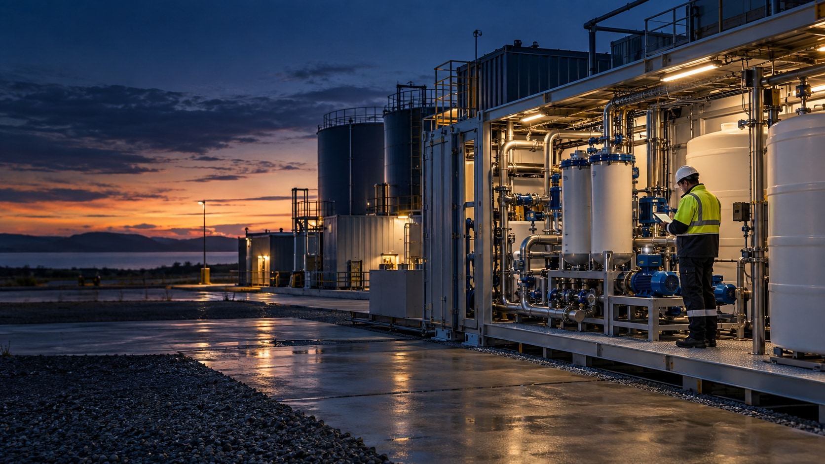 Concept image: mobile water tanks, treatment unit and pipework on a site at dusk.
